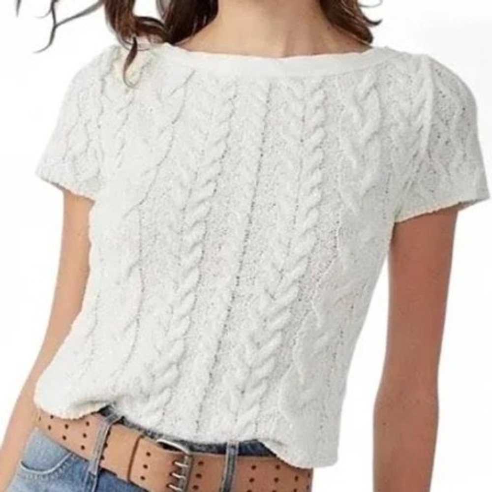 Free People White Cable Knit Short Sleeve Sweater Top Size S OB1524823